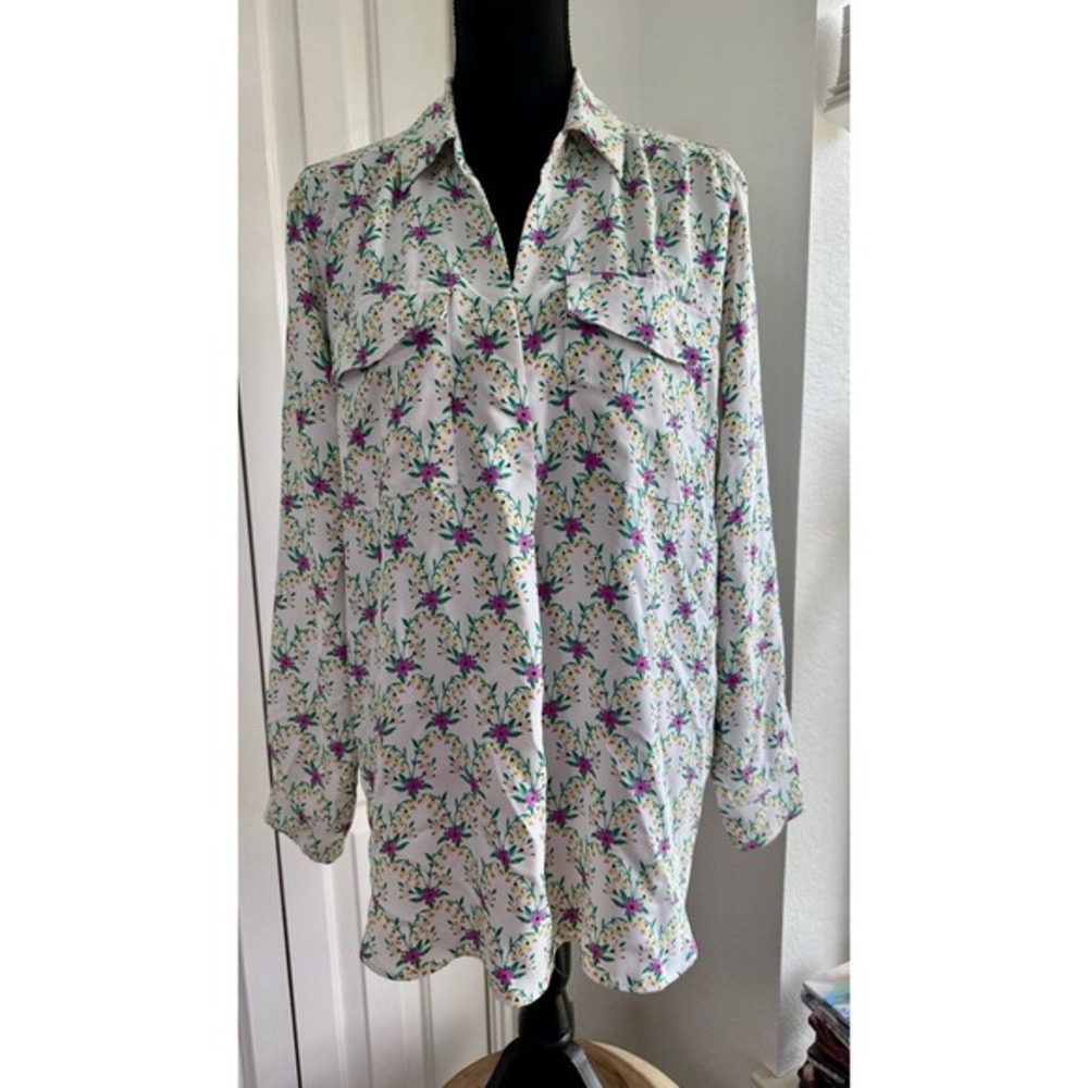Ann Taylor L Pink yellow Lightweight Floral‎ Boho Camp Long Sleeve Blouse